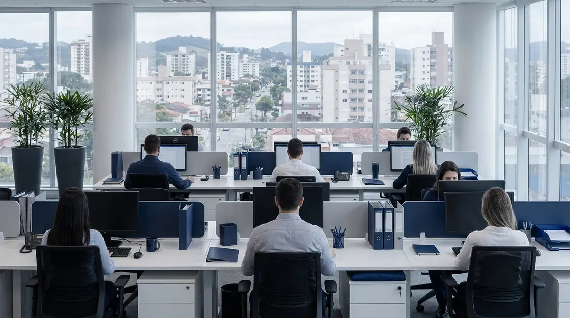 Equipe da F5 Soluções Empresariais trabalhando no escritório em Chapecó