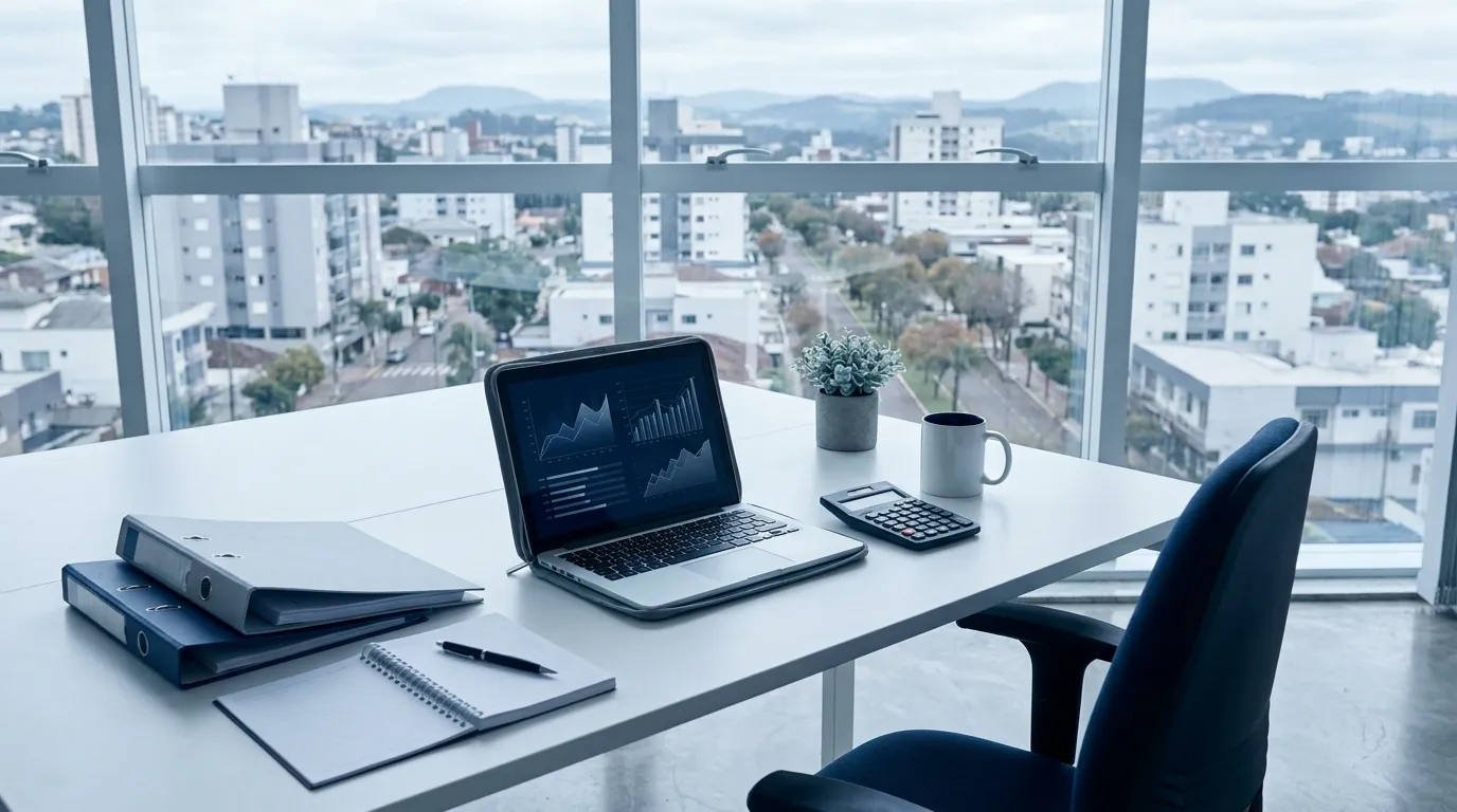 Mesa de escritório com notebook exibindo gráficos, pastas, calculadora e caderno, diante de uma janela com vista para prédios do centro da cidade