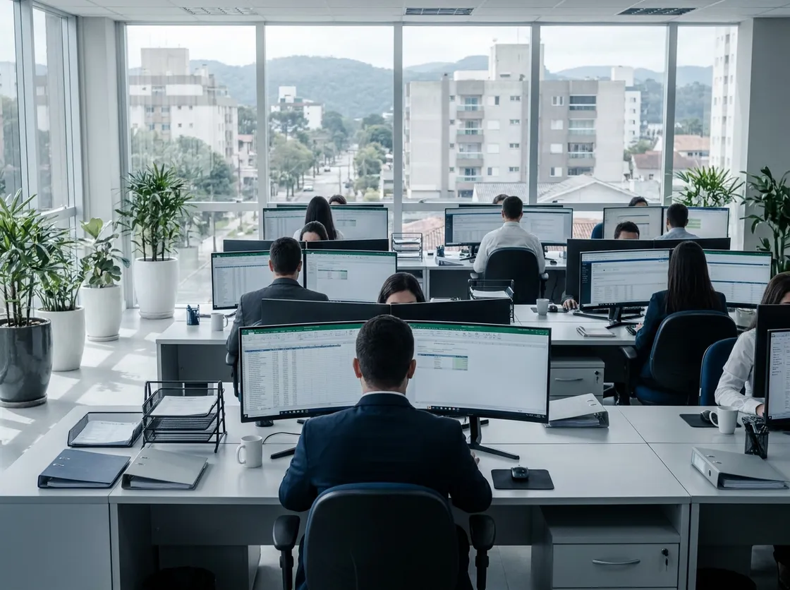 Pessoas trabalhando em mesas com computadores num escritório claro